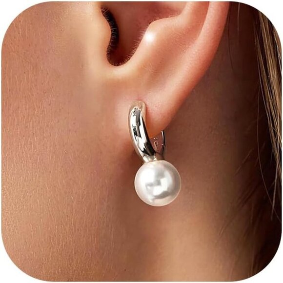 925 Sterling Silver Dainty Freshwater Pearl Small Hoop Drop Dangle  Earrings - Picture 1 of 9